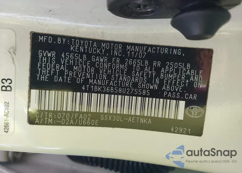 2008 Toyota Avalon Xl из США, поврежденный, VIN 4T1BK36B58U275585